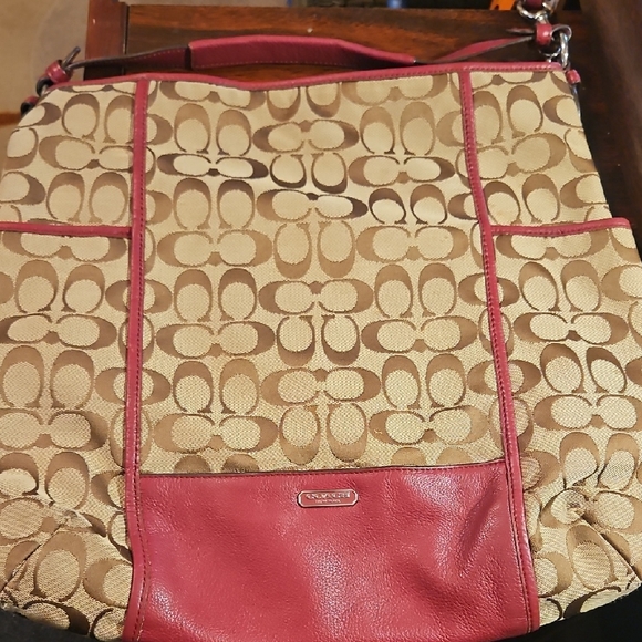 Coach Handbags - Coach Tan and Red Signature Shoulder Bag